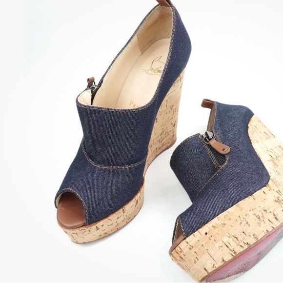 Christian Louboutin Navy Denim Wedges - Picture 2 of 5